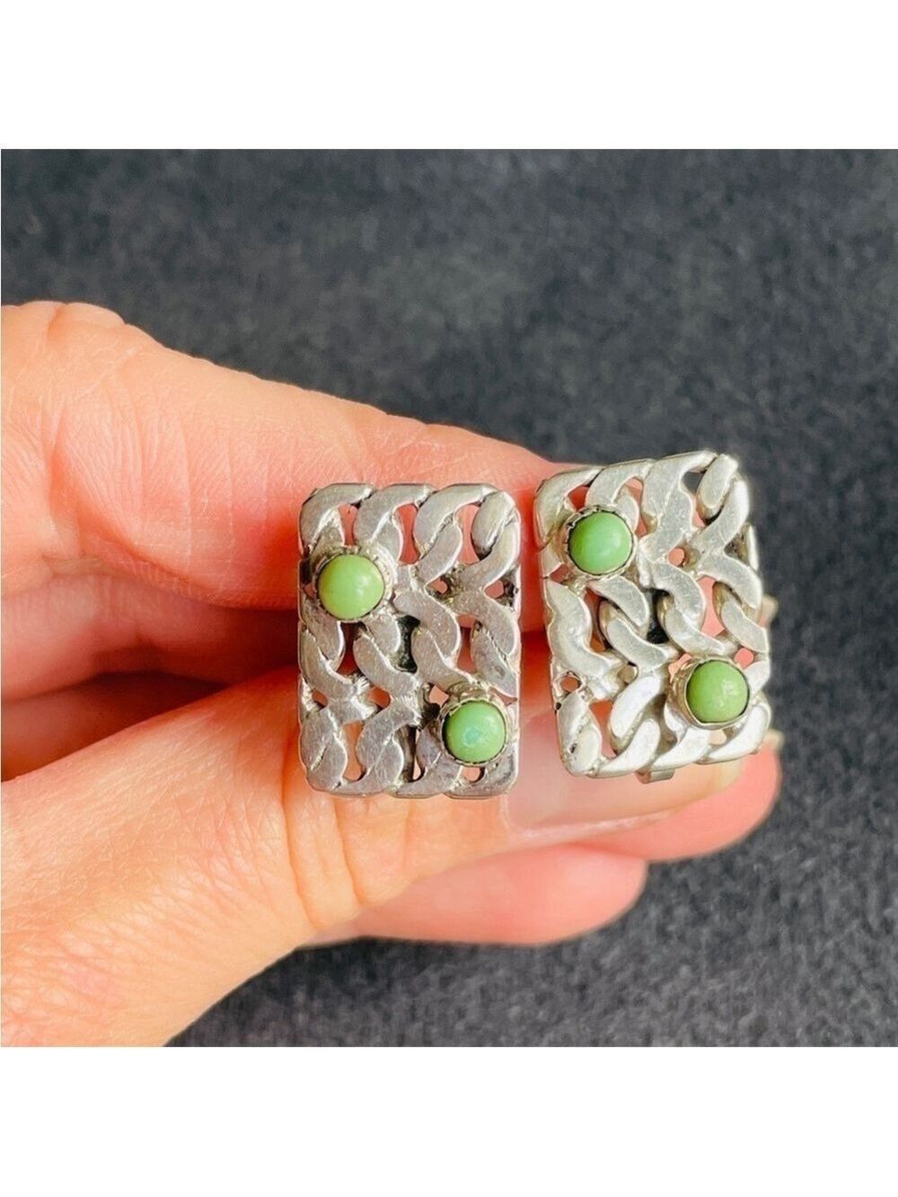 Vintage Mexico Rectangle Modernist Chain Design Turquoise Clip On Screw …